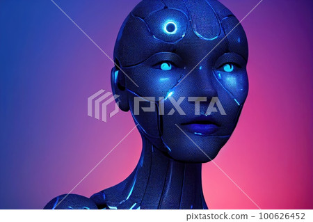 Artificial intelligence in humanoid head with neural network thinks. AI with Digital Brain is learning processing big data, analysis information. Face of cyber mind. Ai generative. Artificial intelligence in humanoid head with neural network thinks. AI with Digital Brain is learning processing big data, analysis information. Face of cyber mind. Ai generative. 100626452