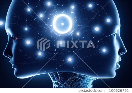 Artificial intelligence in humanoid head with neural network thinks. AI with Digital Brain is learning processing big data, analysis information. Face of cyber mind. Ai generative. 100626761