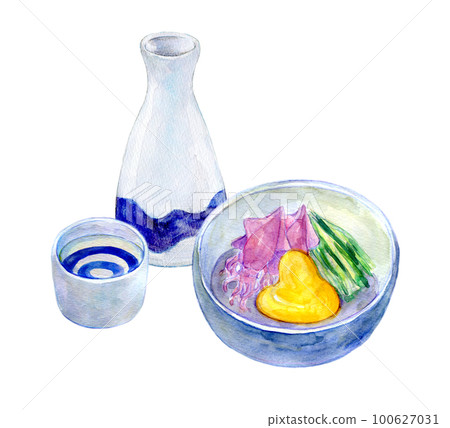 Sake and firefly squid watercolor illustration 100627031