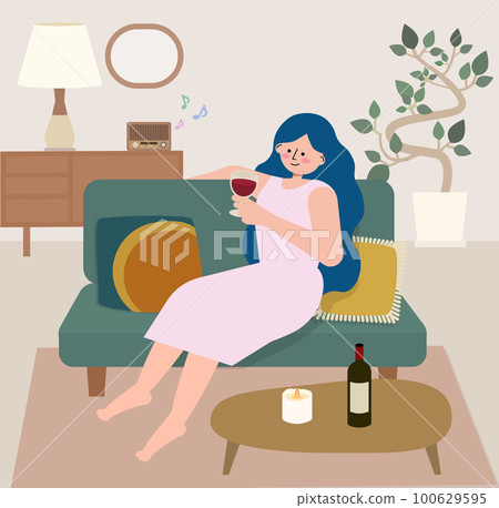 Illustration of a woman drinking red wine while relaxing on a sofa 100629595