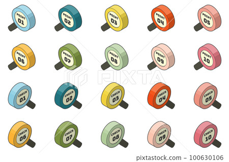 彩色和等距放大鏡圖標集。指向並檢查設計零件材料。 100630106