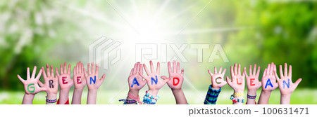 Children Hands Building Word Green And Clean, Grass Meadow 100631471
