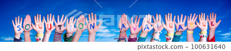 Children Hands Building Word Solution Available, Blue Sky 100631640