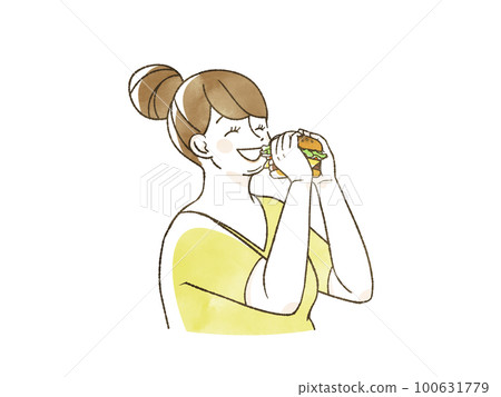 Obese woman eating a hamburger with a smile 100631779