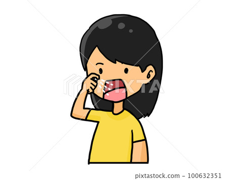 Illustration of a Japanese woman spraying bad breath spray into her mouth 100632351