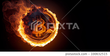 Burning in fire golden bitcoin on black background, Bitcoin coin in flames, burn cryptocurrency bit coin money, crash and blockchain bubble, Generative AI Burning in fire golden bitcoin on black background, Bitcoin coin in flames, burn cryptocurrency bit coin money, crash and blockchain bubble, Generative AI 100632515