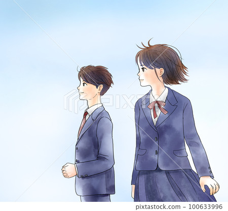 Male and female students standing under the blue sky 100633996