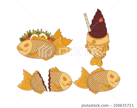 Traditional Japanese food set. Asian Taiyaki stickers. Fish-shaped ice cream, sandwich. Vector illistration Traditional Japanese food set. Asian Taiyaki stickers. Fish-shaped ice cream, sandwich. Vector illistration 100635721