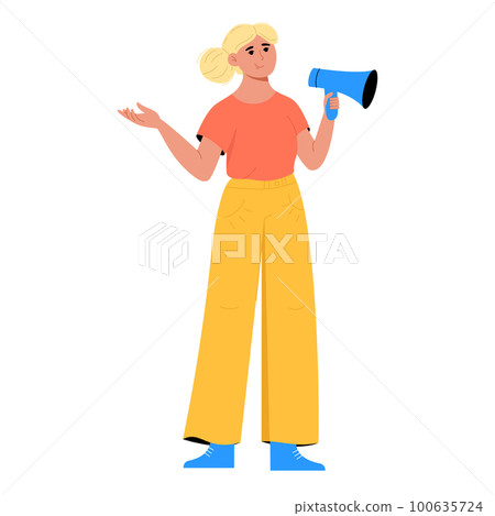 Woman with loudspeaker. Flat vector illustration isolated on white background Woman with loudspeaker. Flat vector illustration isolated on white background 100635724