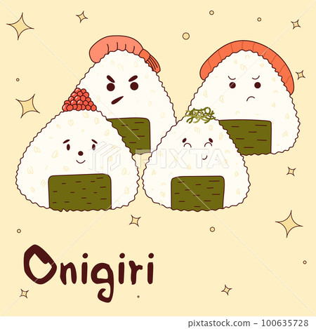 Traditional Japanese food. Asian cute onigiri with funny faces. Vector illistration Traditional Japanese food. Asian cute onigiri with funny faces. Vector illistration 100635728