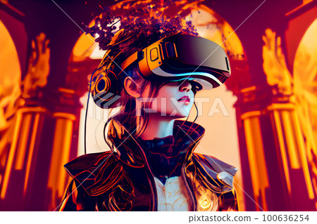 Woman in VR glasses explores the metaverse. Generative AI, Generative, AI Woman in VR glasses explores the metaverse. Generative AI, Generative, AI 100636254