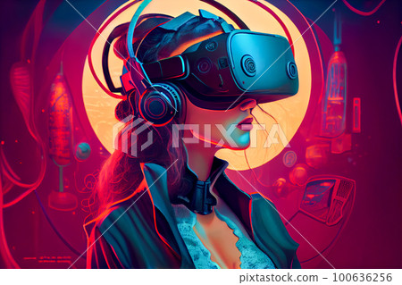 Woman in VR glasses explores the metaverse. Generative AI, Generative, AI Woman in VR glasses explores the metaverse. Generative AI, Generative, AI 100636256