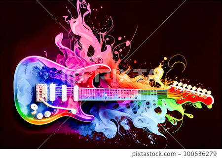 neon abstract guitar on black background. Generative AI, Generative, AI 100636279