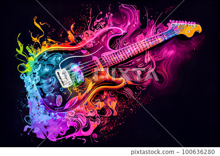 neon abstract guitar on black background. Generative AI, Generative, AI 100636280