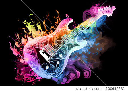 neon abstract guitar on black background. Generative AI, Generative, AI 100636281