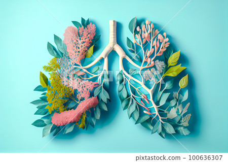 Human lungs lined with flowers and fresh leaves. Generative AI, Generative, AI Human lungs lined with flowers and fresh leaves. Generative AI, Generative, AI 100636307