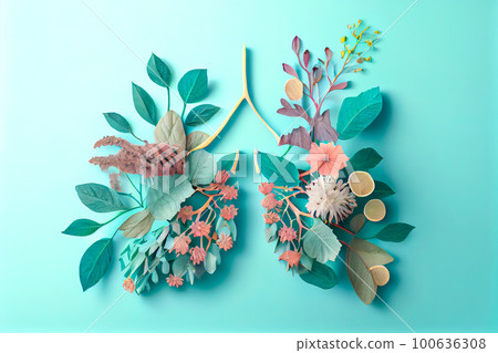 Human lungs lined with flowers and fresh leaves. Generative AI, Generative, AI Human lungs lined with flowers and fresh leaves. Generative AI, Generative, AI 100636308
