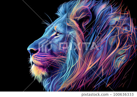 Leo's head in neon colors on a black background. Generative AI, Generative, AI 100636333