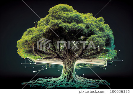 Green deciduous tree growing on a black background. Generative AI, Generative, AI Green deciduous tree growing on a black background. Generative AI, Generative, AI 100636355