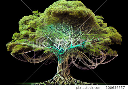 Green deciduous tree growing on a black background. Generative AI, Generative, AI Green deciduous tree growing on a black background. Generative AI, Generative, AI 100636357