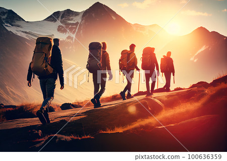group of sports people are walking in the mountains. Generative AI, Generative, AI group of sports people are walking in the mountains. Generative AI, Generative, AI 100636359