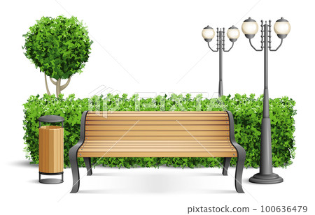 Realistic Wooden Park Bench Composition 100636479
