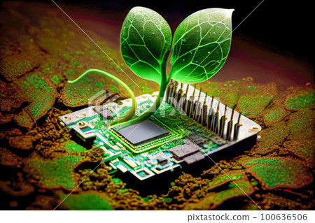 Ecological concert. Green sprout from a computer processor. Generative AI, Generative, AI 100636506