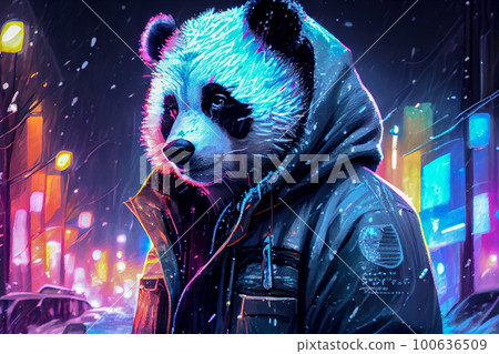 cyberpunk panda outdoors in winter. Generative AI, Generative, AI 100636509