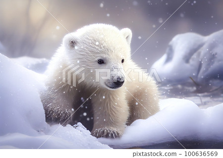 little polar bear in the snow. Generative AI, Generative, AI 100636569