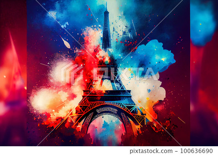 abstract drawing of the eiffel tower and fireworks. Generative AI, Generative, AI 100636690