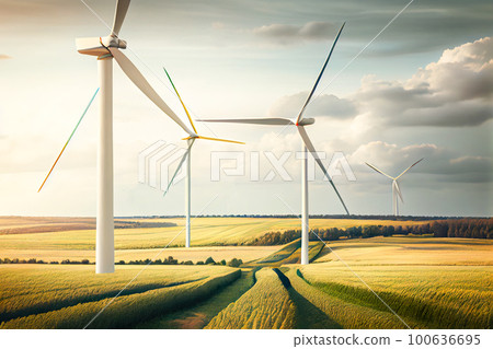 green concert. windmills in the field. Generative AI 100636695
