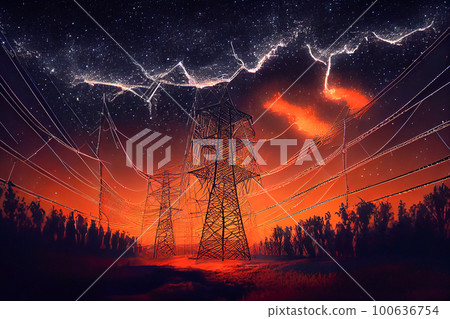 illustration of electrical wires at night with starry sky. Generative AI 100636754