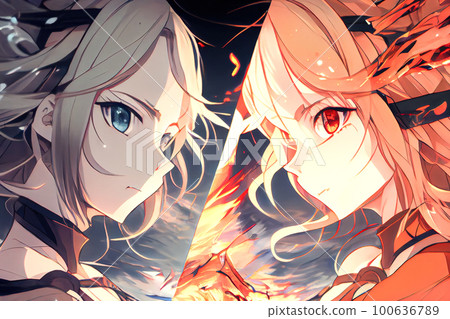 anime battle hero women. Generative AI 100636789
