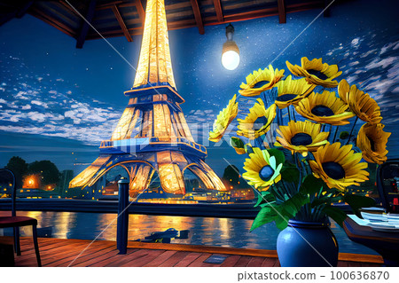 night view of the eiffel tower from a cafe on the waterfront. Generative AI night view of the eiffel tower from a cafe on the waterfront. Generative AI 100636870