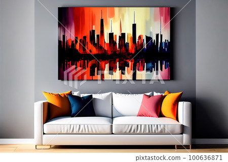 Abstract painting of skyscrapers in New York in home interior. Generative AI Abstract painting of skyscrapers in New York in home interior. Generative AI 100636871