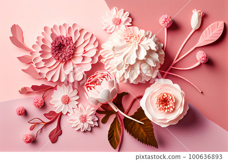 top view of pink and white flowers on pink background. Generative AI top view of pink and white flowers on pink background. Generative AI 100636893