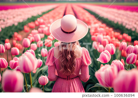 Back view of a girl in pink in the middle of a field with roses. Generative AI Back view of a girl in pink in the middle of a field with roses. Generative AI 100636894