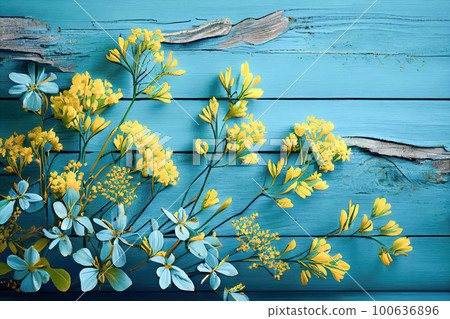 spring color on blue board background top view. Generative AI spring color on blue board background top view. Generative AI 100636896