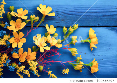 spring color on blue board background top view. Generative AI spring color on blue board background top view. Generative AI 100636897