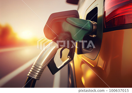 close-up filling nozzle at a car gas station. Generative AI 100637015