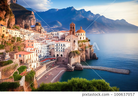 illustration morning view of the town of Amalfi on the coast of Italy. Generative AI illustration morning view of the town of Amalfi on the coast of Italy. Generative AI 100637057