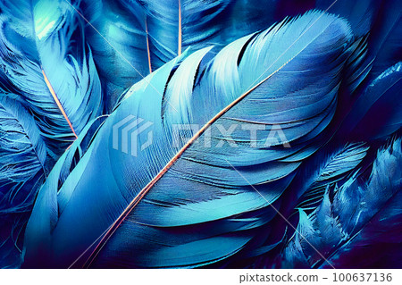 background of blue feathers close-up top view. Generative AI 100637136