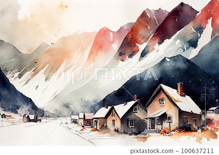 Watercolor painting of snow-covered houses at the foot of the mountains. Generative AI, Generative, AI Watercolor painting of snow-covered houses at the foot of the mountains. Generative AI, Generative, AI 100637211
