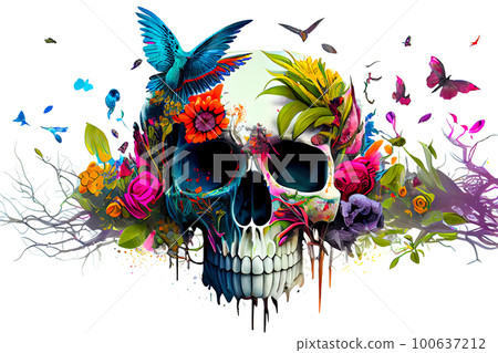 Butterflies and a plant sprouting from a skull on a white background. Generative AI, Generative, AI Butterflies and a plant sprouting from a skull on a white background. Generative AI, Generative, AI 100637212