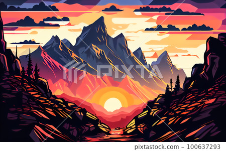 illustration multicolored sunrise in the mountains. Generative AI 100637293