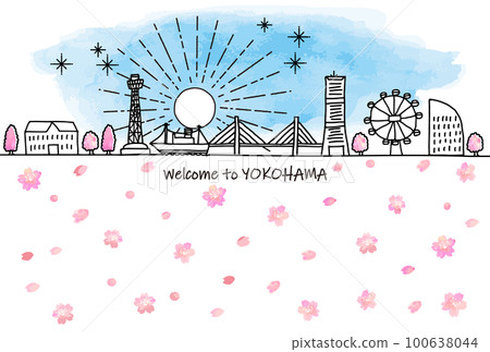 Hand drawn cityscape skyline of Yokohama sightseeing spot and cherry blossoms Hand drawn cityscape skyline of Yokohama sightseeing spot and cherry blossoms 100638044