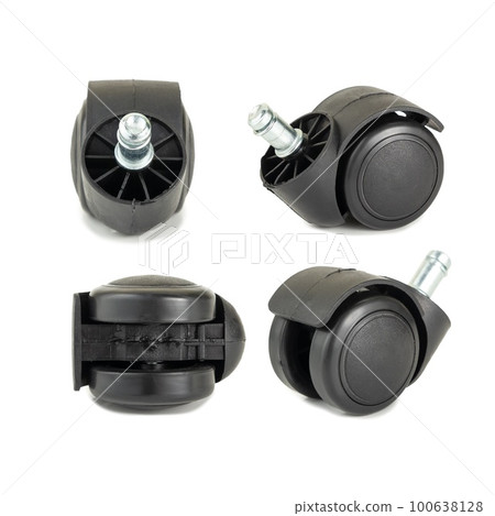 Four views of the polyurethane quiet wheel for office or computer chair isolated on white background. 100638128