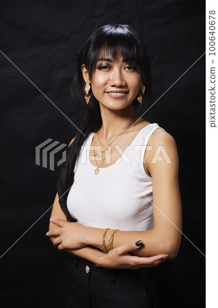 portrait shot of young happy asian or vietnamese woman, enjoying lifestyle, joy, happiness, photo on black background. 100640678