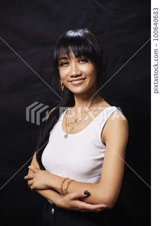 portrait shot of young happy asian or vietnamese woman, enjoying lifestyle, joy, happiness, photo on black background. 100640683