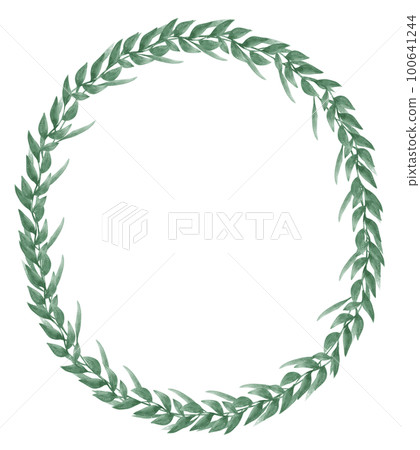 watercolour green leaf foliage wreath frame hand drawn illustration 100641244